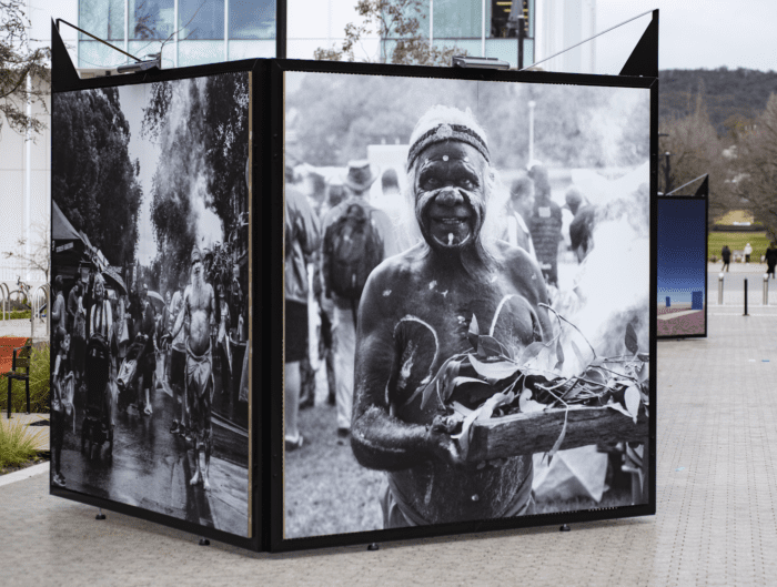 A photograph of Aunty Barbara McGradys work in its large cube for the exhibition 'Where I Stand'