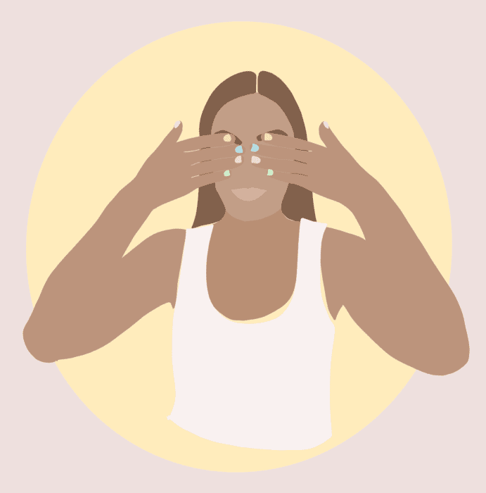 An illustration of a woman in a white tank top with her hands covering her eyes.