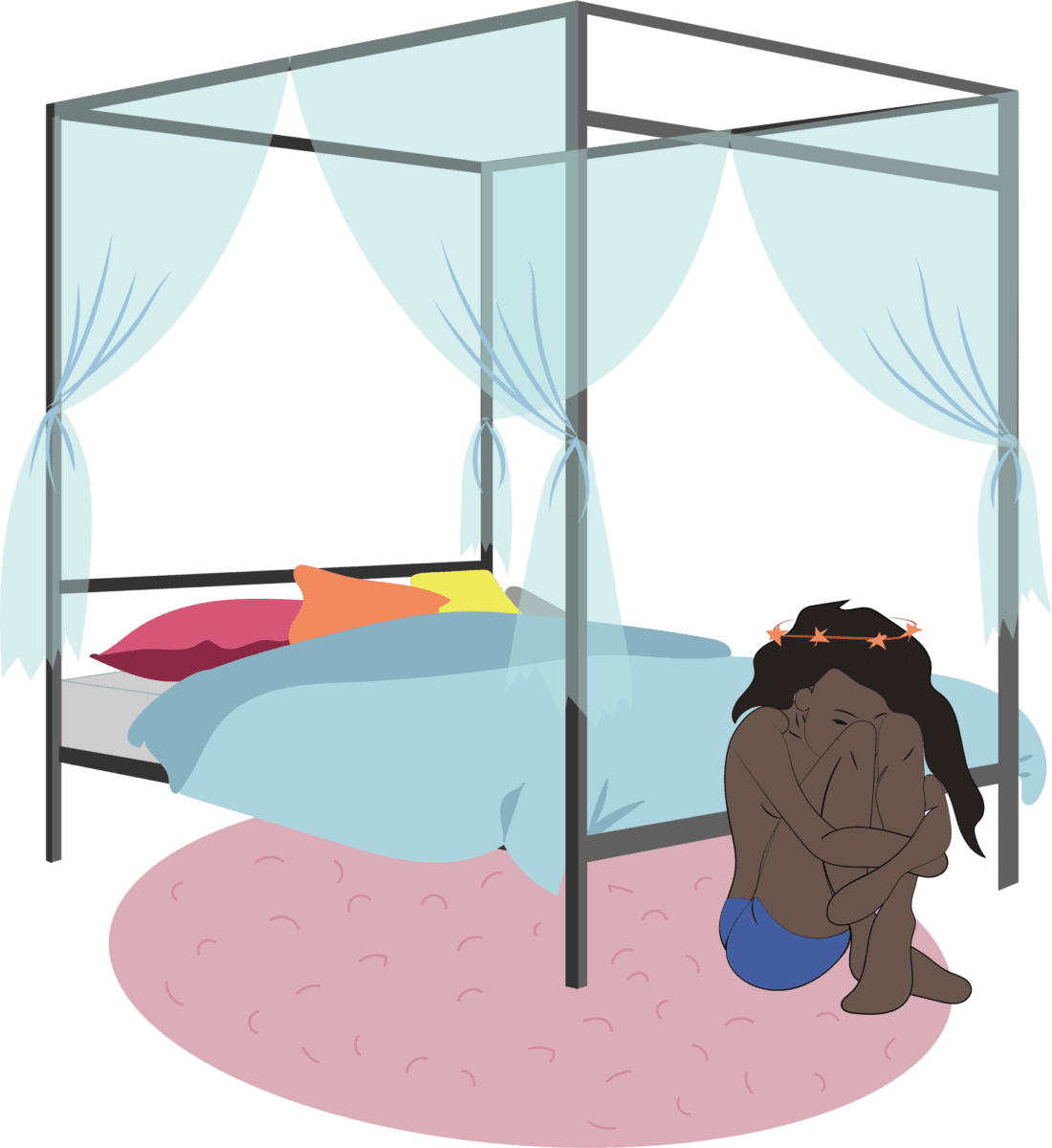 An illustration of a distressed woman with dark skin sitting next to a four poster bed with blue hangings. Colourful pillows lie on the bed and a pink rug is underneath it.