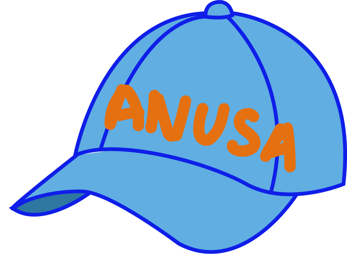 An illustration of a blue hat with the letters ANUSA in orange written across it.