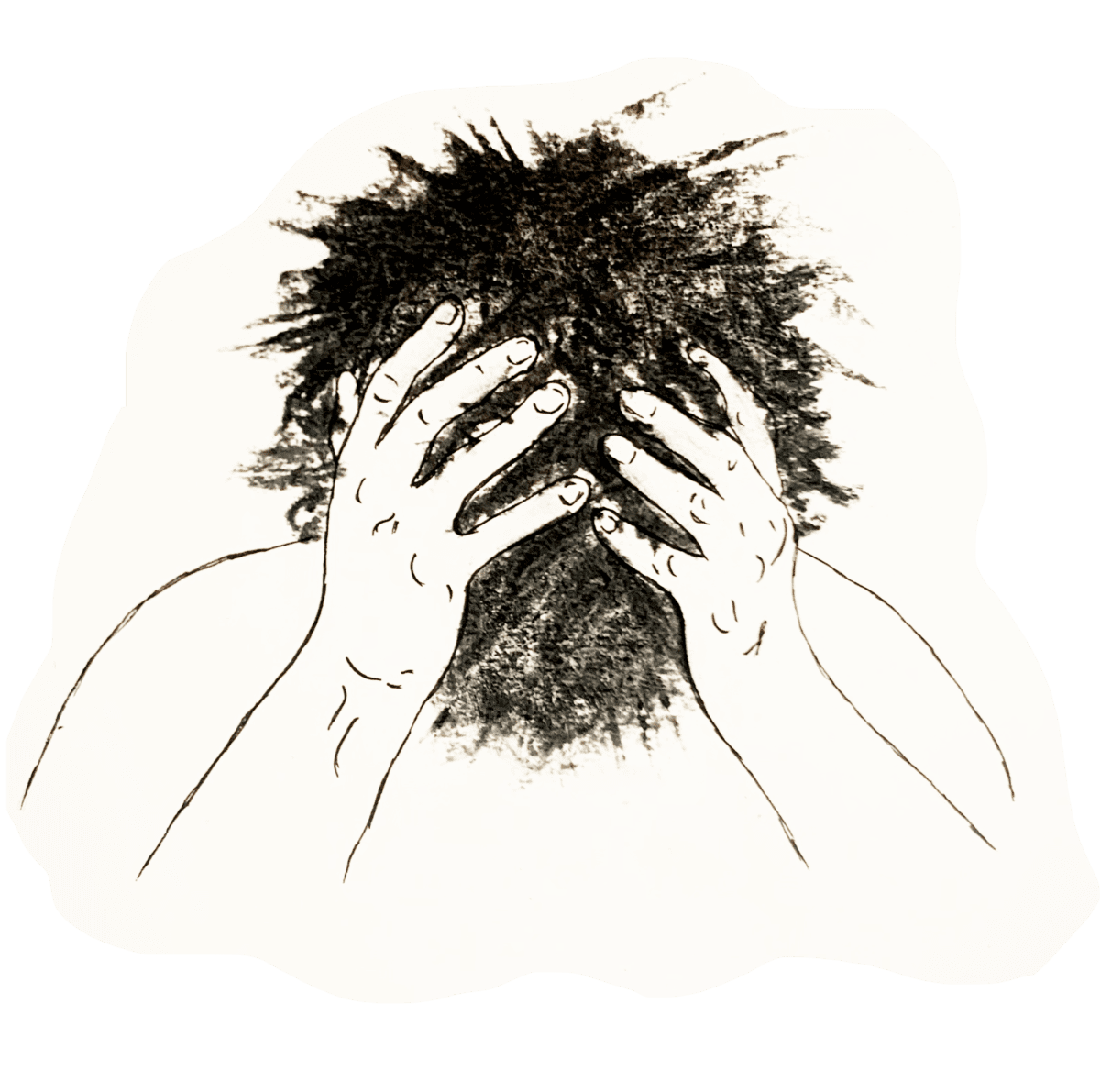 An illustration of a distressed figure in black and white with their head in the hands. Where their head should be is a black splot of colour.