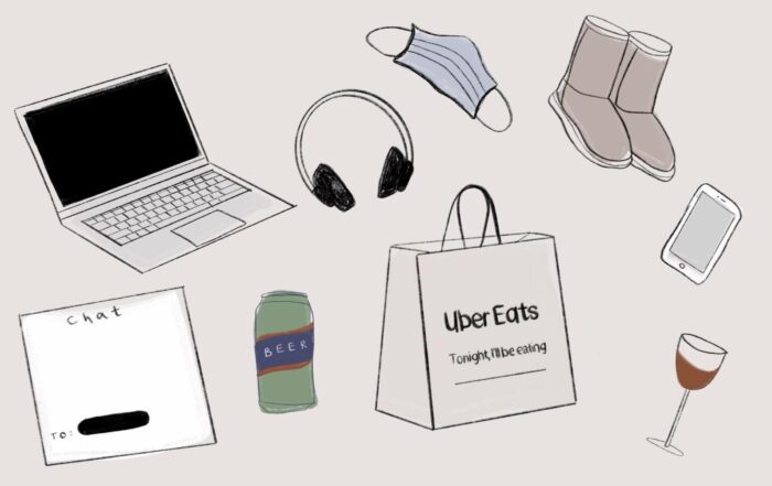 An illustration by Eliza Williams of a series of objects that have come to represent life in lockdown, including a laptop, uberEats bag, wine glass and phone