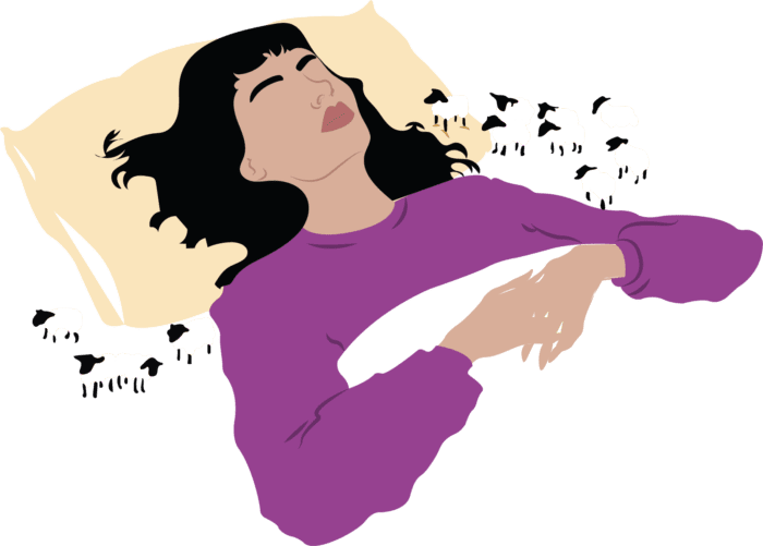 An illustration by Sian Williams of a woman in a purple shirt lying in bed. Tiny sheep surround the pillow as she sleeps.