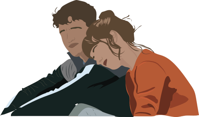 An illustration by Sian Williams of Marianne and Connell from Normal People. She is resting her head on his shoulder.