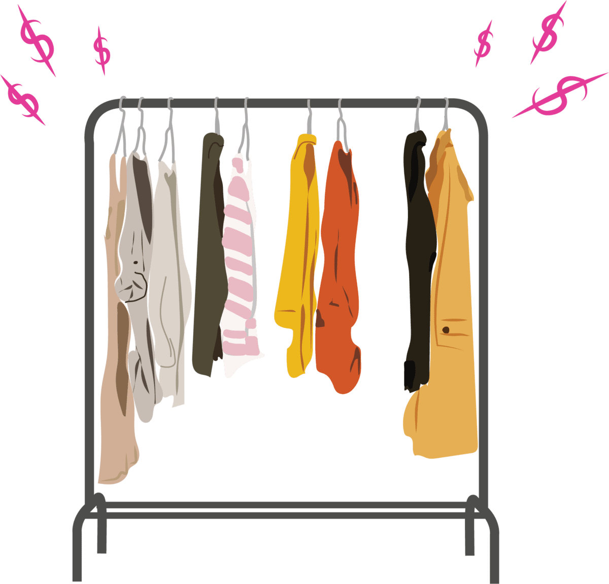An illustration by Sian Williams of a colourful rack of clothes. Pink dollar signs hover around it.