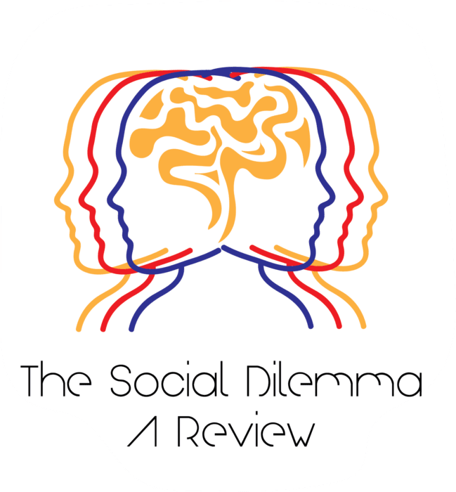 An illustration of overlapped outlined heads with an orange brain between them. Text below them reads 'The Social Dilemma: A Review'