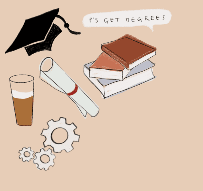 An illustration of beer, a degree, books and a graduation hat by Eliza Williams