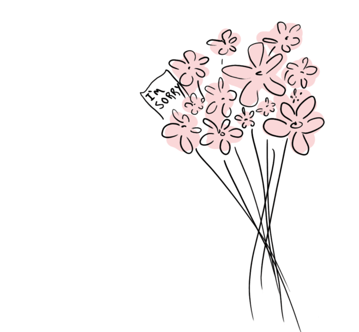Illustration of a bouquet of pink flowers, with small note saying "I'm Sorry"