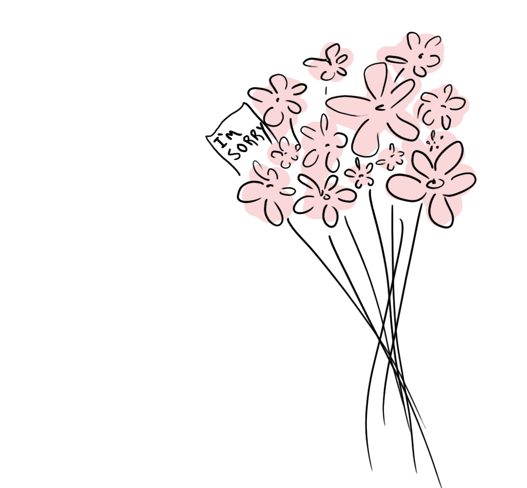 Illustration of a bouquet of pink flowers, with small note saying "I'm Sorry"