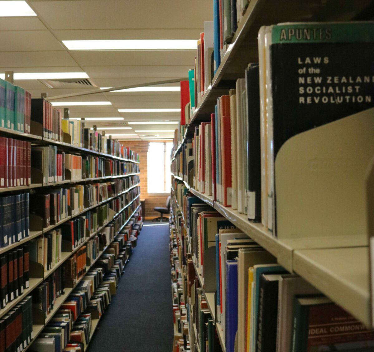 Photograph of a library books stacks