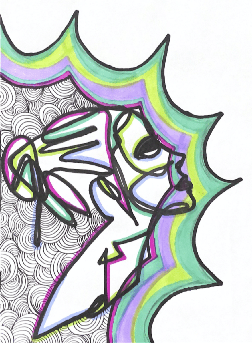 scanned illustration of a woman in pink green purple black outline by Navita Wijeratne