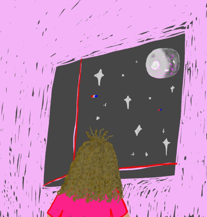 illustration of a woman looking out a window at space stars moon by Bonnie Burns