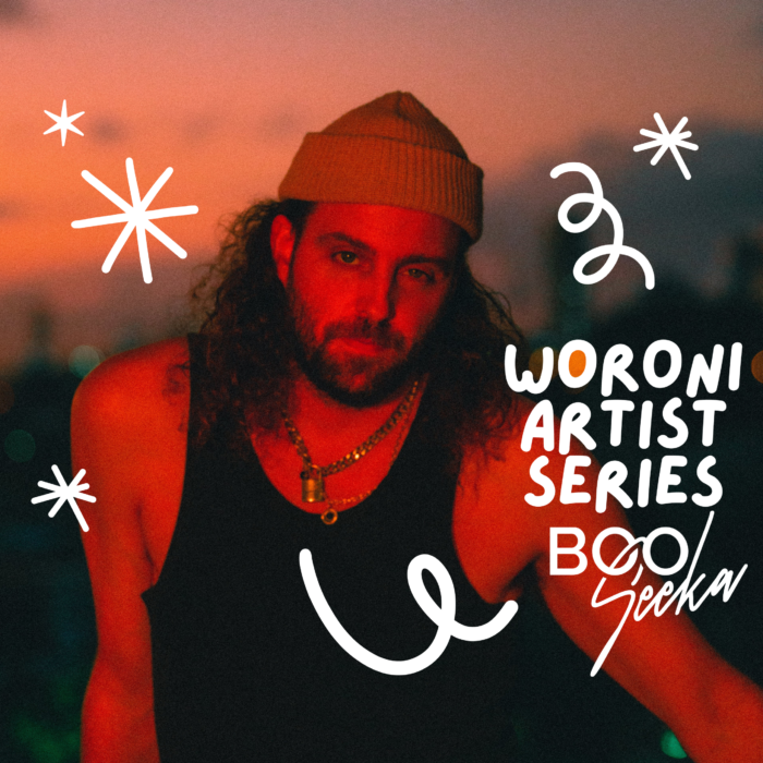 Photo of Boo Seeka with the text "Woroni Artist Series Boo Seeka" on top